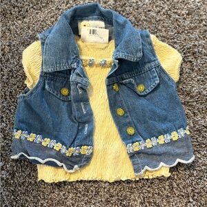 Vintage SWAT Kids Denim Vest and Top Set with Yellow Floral Accents